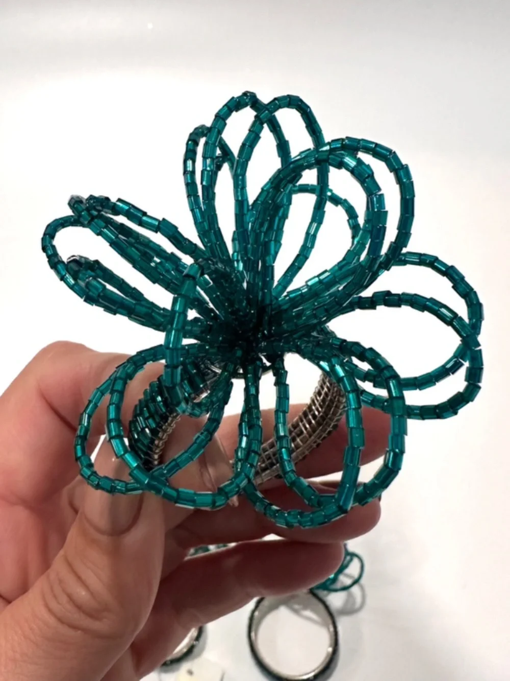 NEW Crate & Barrel Beaded Flower Napkin Ring Teal Set of 5